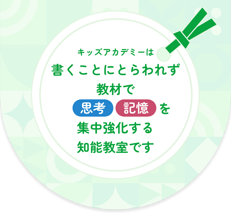 キッズアカデミーは目先の「書くこと」や「計算問題」にとらわれず思考・記憶を集中強化する『知能教室』です